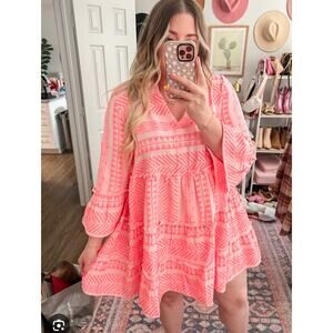 Mudpie V Neck Aztec Print 3/4 Sleeve Tiered Babydoll Mini Dress Pink Small
